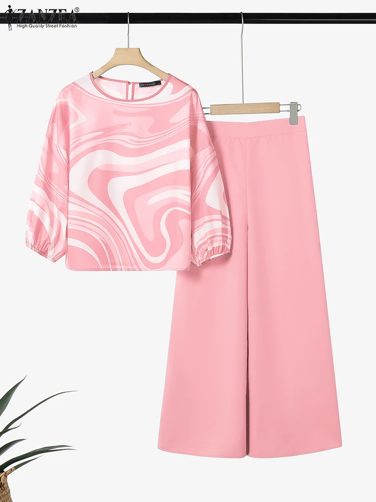 

ZANZEA 2PCS Summer Elegant Long Sleeve Printed Blouse Pant Sets Women Outfits Casual Work Tracksuits Matching Sets Trousers Suit