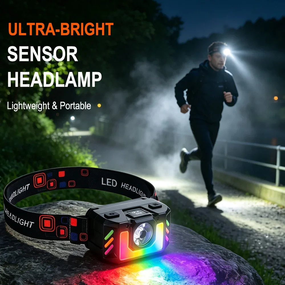 BORUiT 300LM RGB Powerful Motion Sensor Headlight 4Light Modes Type-C Rechargable With Waterproof Outdoor Head Torch Lantern