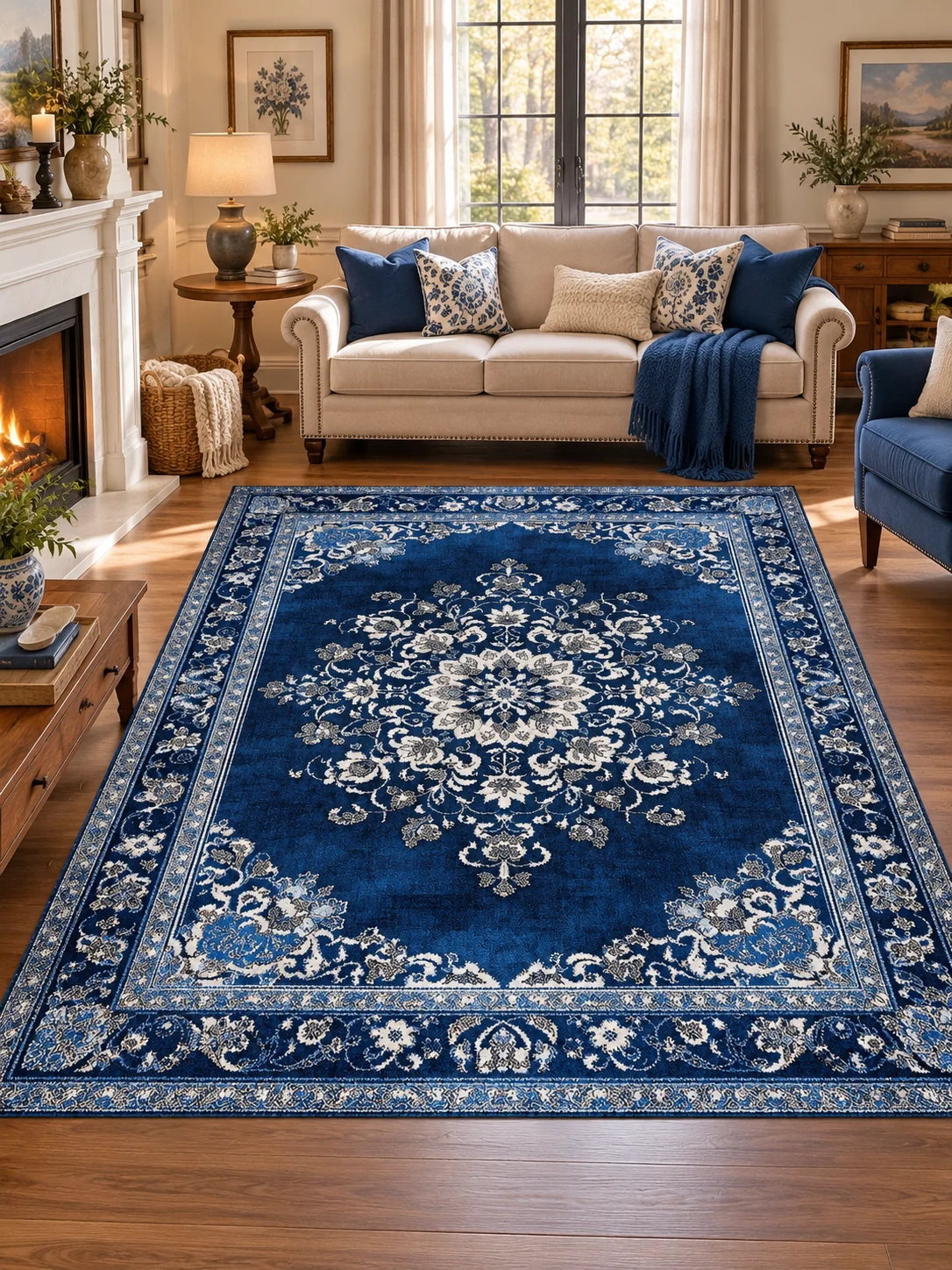 Vintage Blue Persian Area Rug, Elegant Navy Blue and White Floral Medallion Pattern, Soft Flannel Floor Carpet, Classic Oriental Inspired Decorative Rug, Timeless Sophisticated Home Decor for Living Room, Bedroom, Dining Room and Entryway