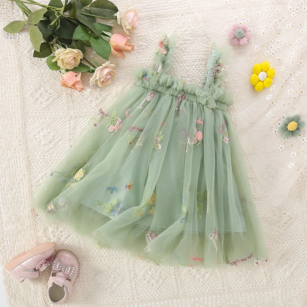 Cute Toddler Girls Mesh Suspenders Bow Dress Fuffy Tulle Tutu Princess Dress Summer Baby Girls Embroidery Flower Casual Wear