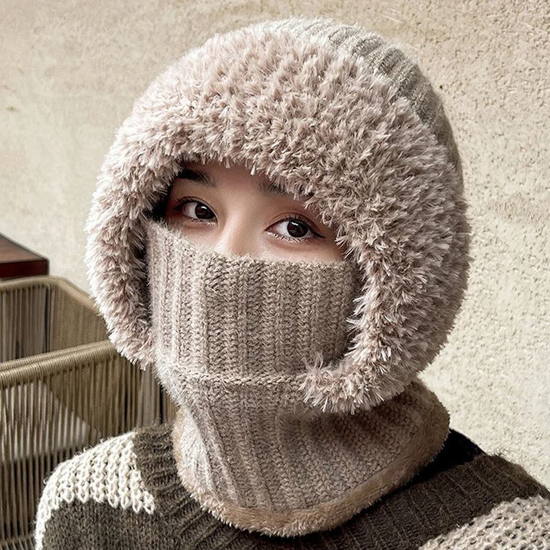 Winter Warm Cycling Hat with Ear Flaps Face Mask Knit Plush Balaclava Lady Hooded Neck Warmer Thermal Skullie