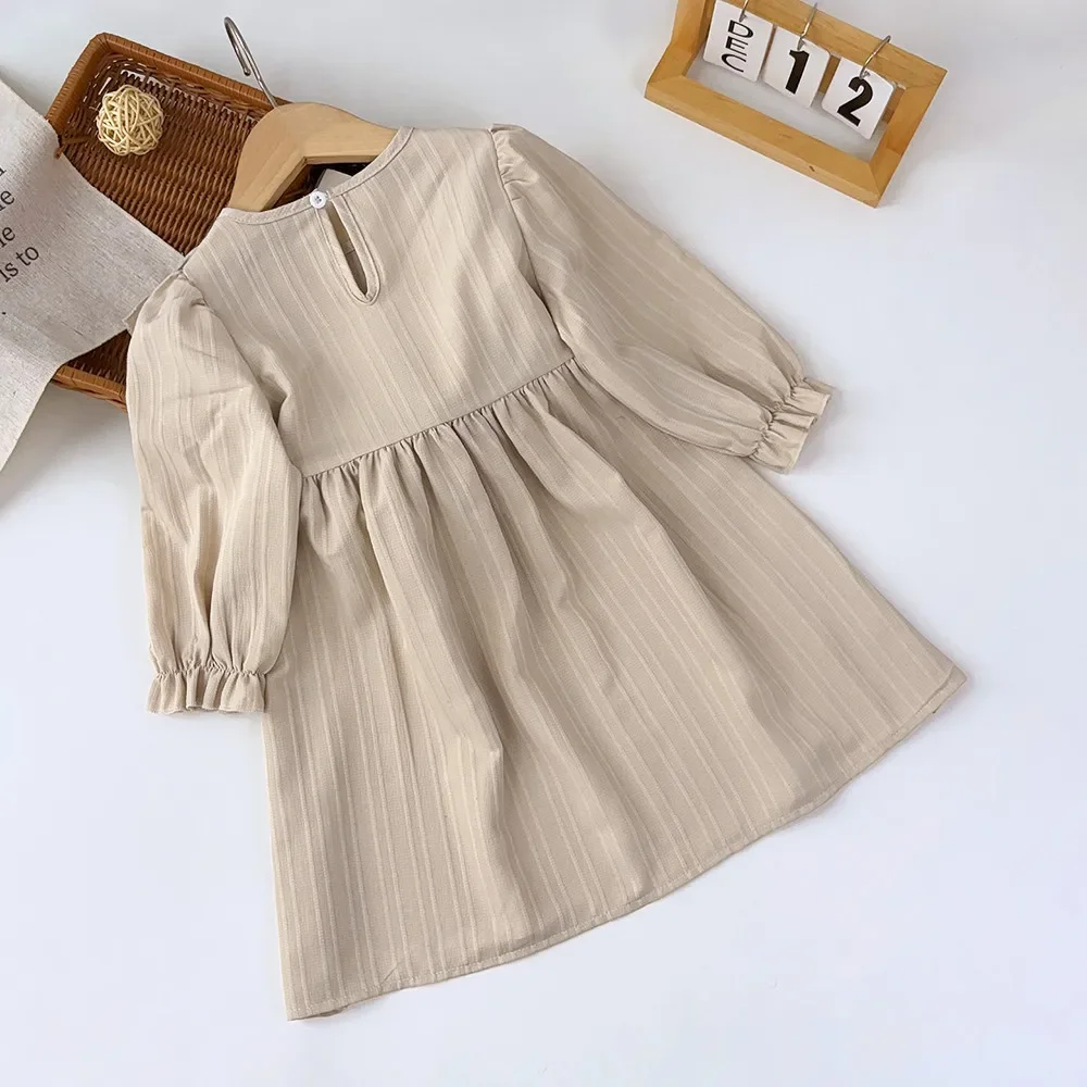 Kids Clothes Round Neck Long Sleeved Pleated Edge Solid Color Dress Children\'s Daily Casual Wear Autumn Kids Dresses for Girls