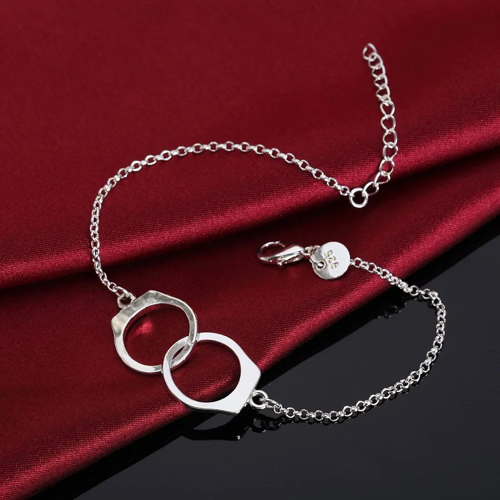 pure 925 Sterling Silver Bracelets Handcuffs Chain Women Men Wedding Fashion Jewelry Valentine's Day Gifts lady 20cm