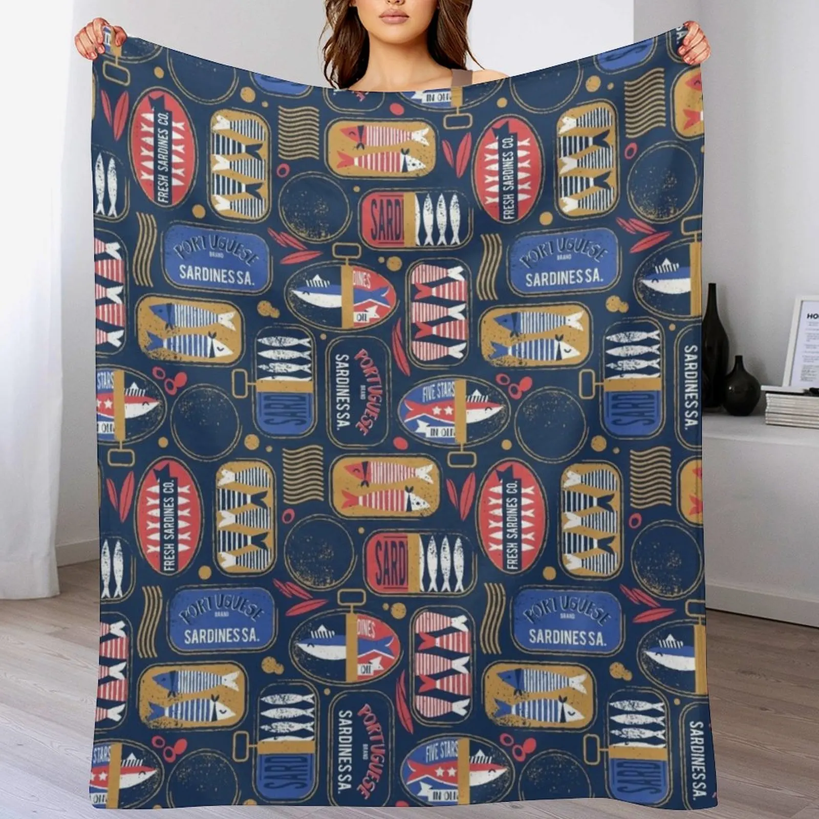

Vintage canned sardines // navy blue background electric blue and mandy red cans Throw Blanket Anniversary gift for him