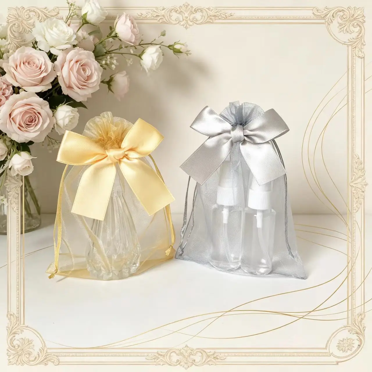 50 bolsas de regalo de organza transparente con lazos de satén y cordones para recuerdos de boda, botellas de perfume, dulces y empaques de joyería