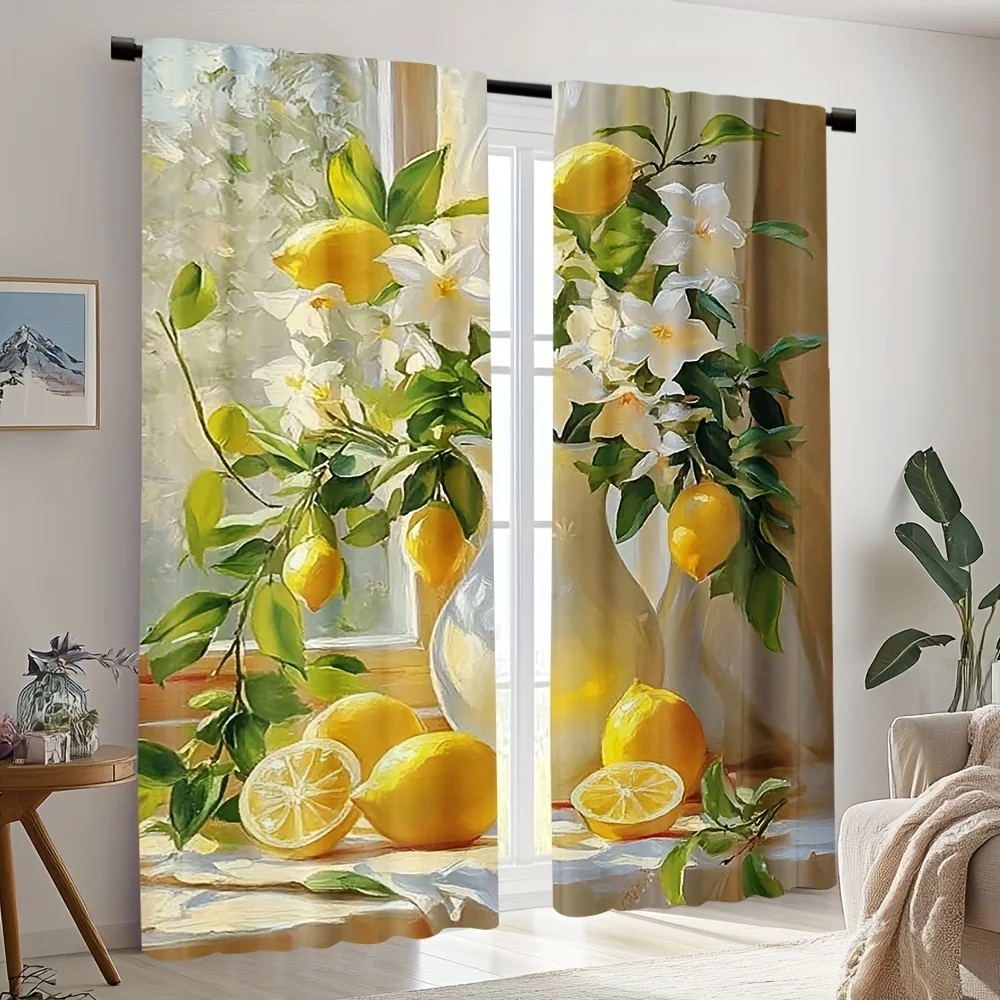 2pc Vintage lemon and white flower print curtains polyester fabric machine washable, suitable for bedroom living room decoration