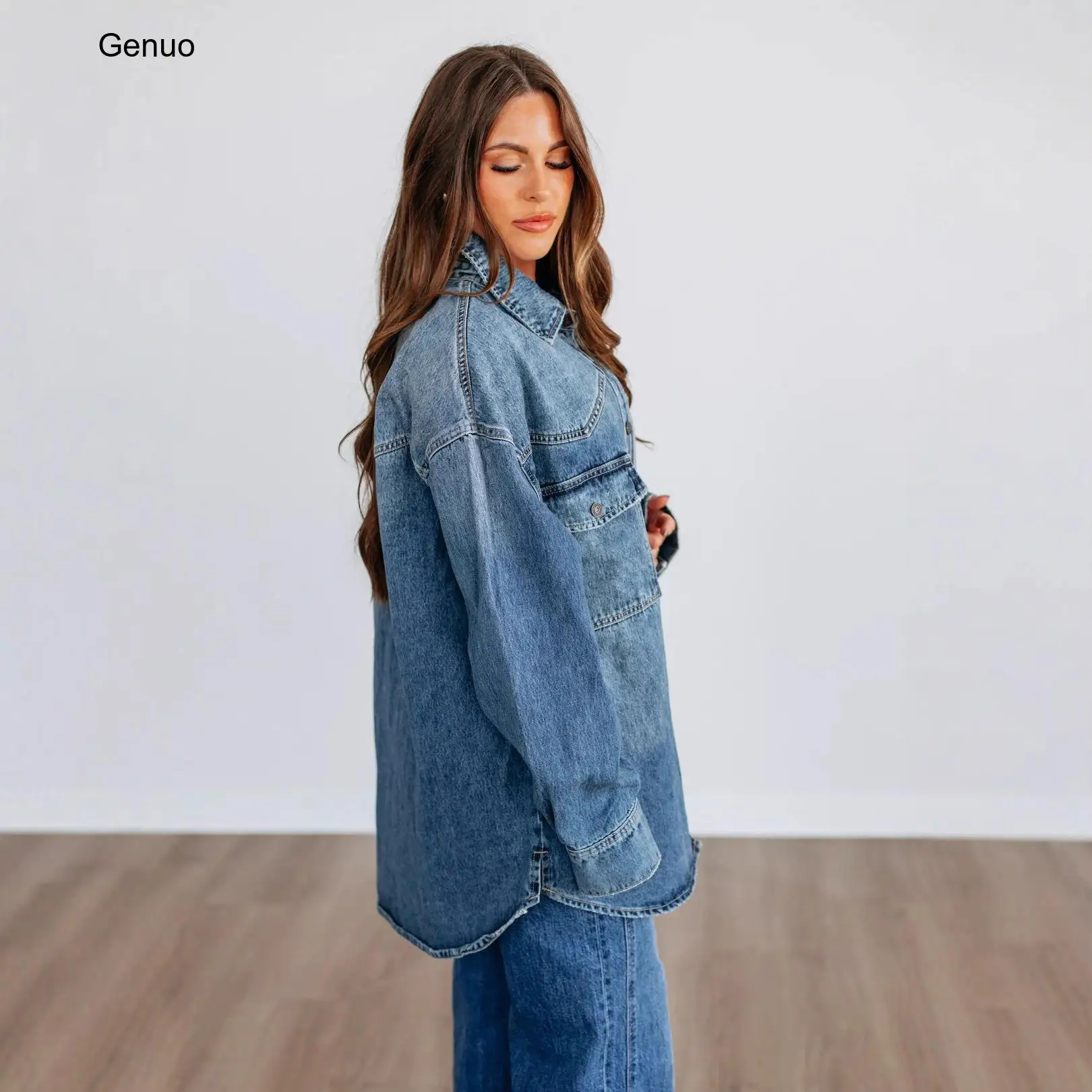 2026 Oversized Long Denim Shirt Jacket Lapel Button Down Loose Shacket Outerwear Casual Layering Coat