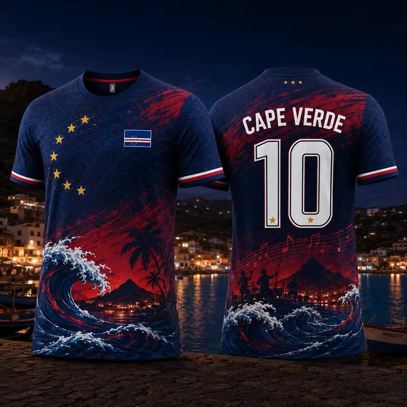 Cape Verdean flag-patterned football jersey, fan jersey, breathable and quick-drying summer sportswear