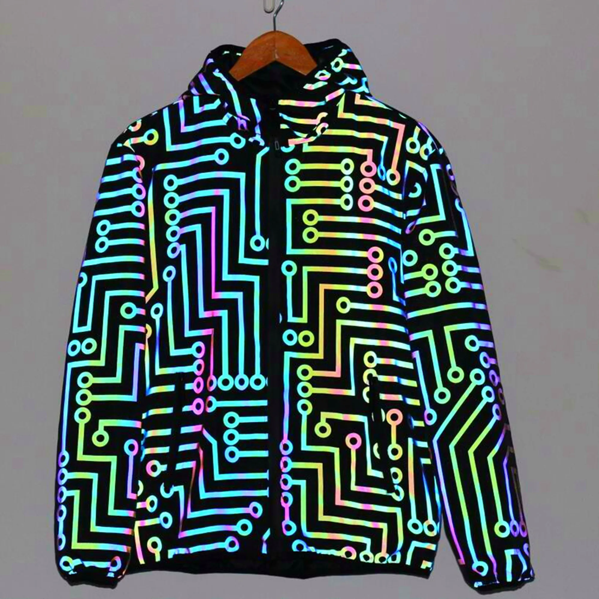 Hot Sale Plus Size 4XL Men Unisex Holographic Reflective “Circuit Pattern” Jacket Reflect Light Casual Coats