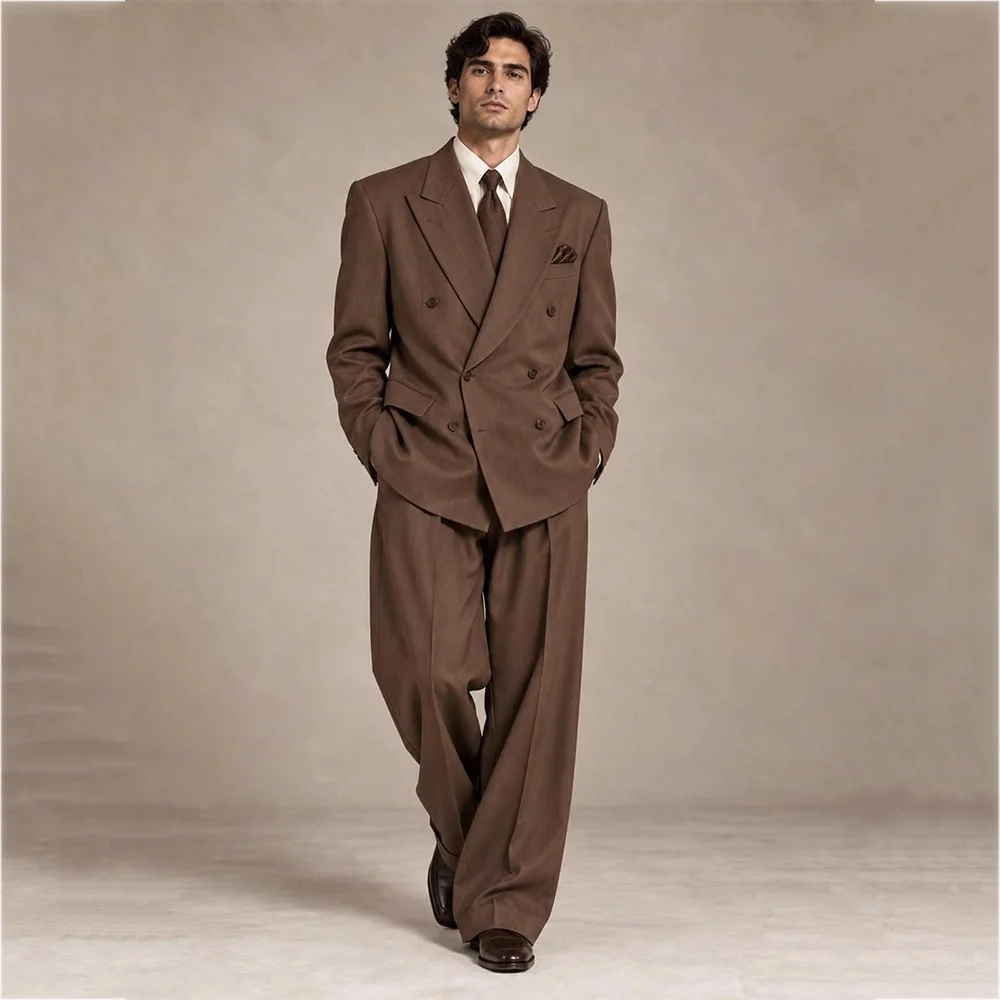 Timeless Smart Casual Men Suits Double Breasted Oversized Peak Lapel Blazer Pants 2 Piece Classic Vintage Outfit Relaxed Fit