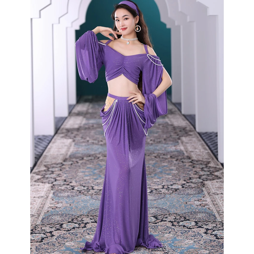 

Skirts with Chain Two Piece Suit Dancewear Belly Dance Costume Women Mesh Hollow Out Training Class Uniform Stage Performance