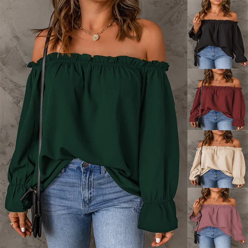 

Off-Shoulder Pure Color Chiffon Shirt Women's Spring Autumn Winter New Style Sexy One-Shoulder Pullover Female Top