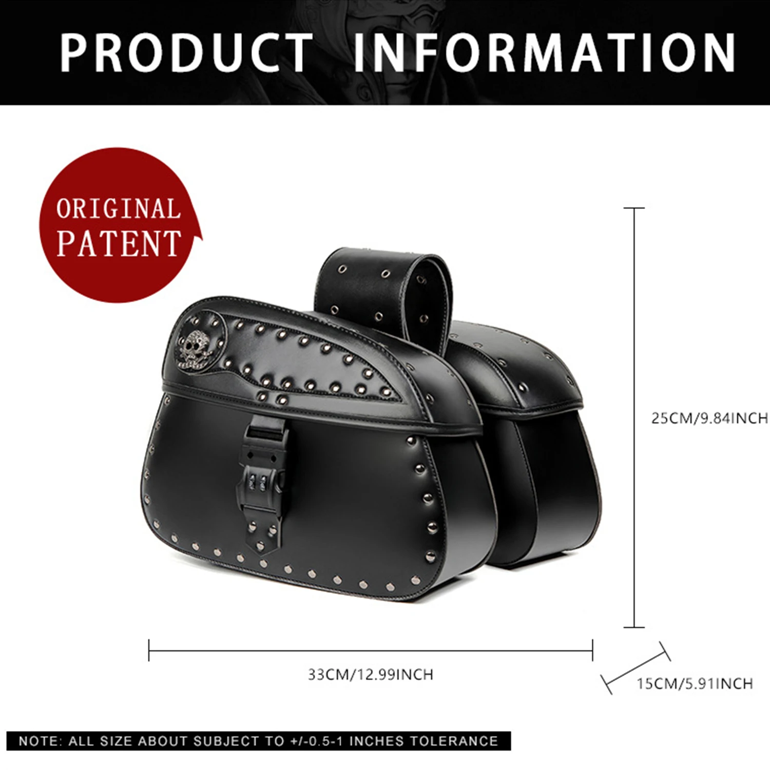 2Pcs Motorcycle Saddlebags Skull Studded Side Luggage Bags with Combination Lock for Harley Chopper Cruiser Bobber