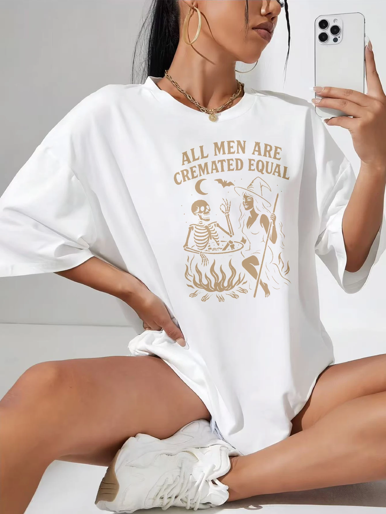 

Halloween Skeletons Plus Size Women's White Crew Neck Tee Cotton Soft Loose Fit Comfy Shirt with Trendy Print Stylish Comfort