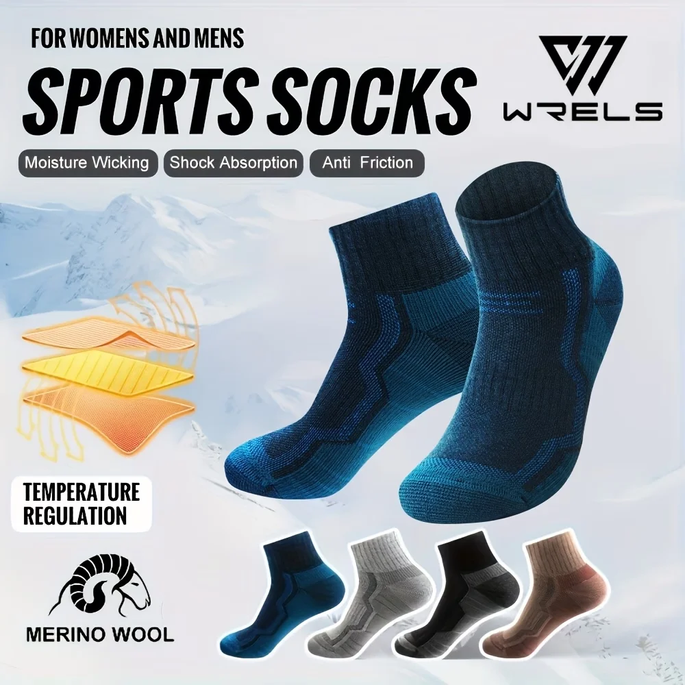 WRELS 1/2/3 Paar Socken aus Merinowolle, Knöchelkompression, atmungsaktive Radsocken für Herren und Damen, gepolsterte, niedrig geschnittene Sportsocken zum Wandern