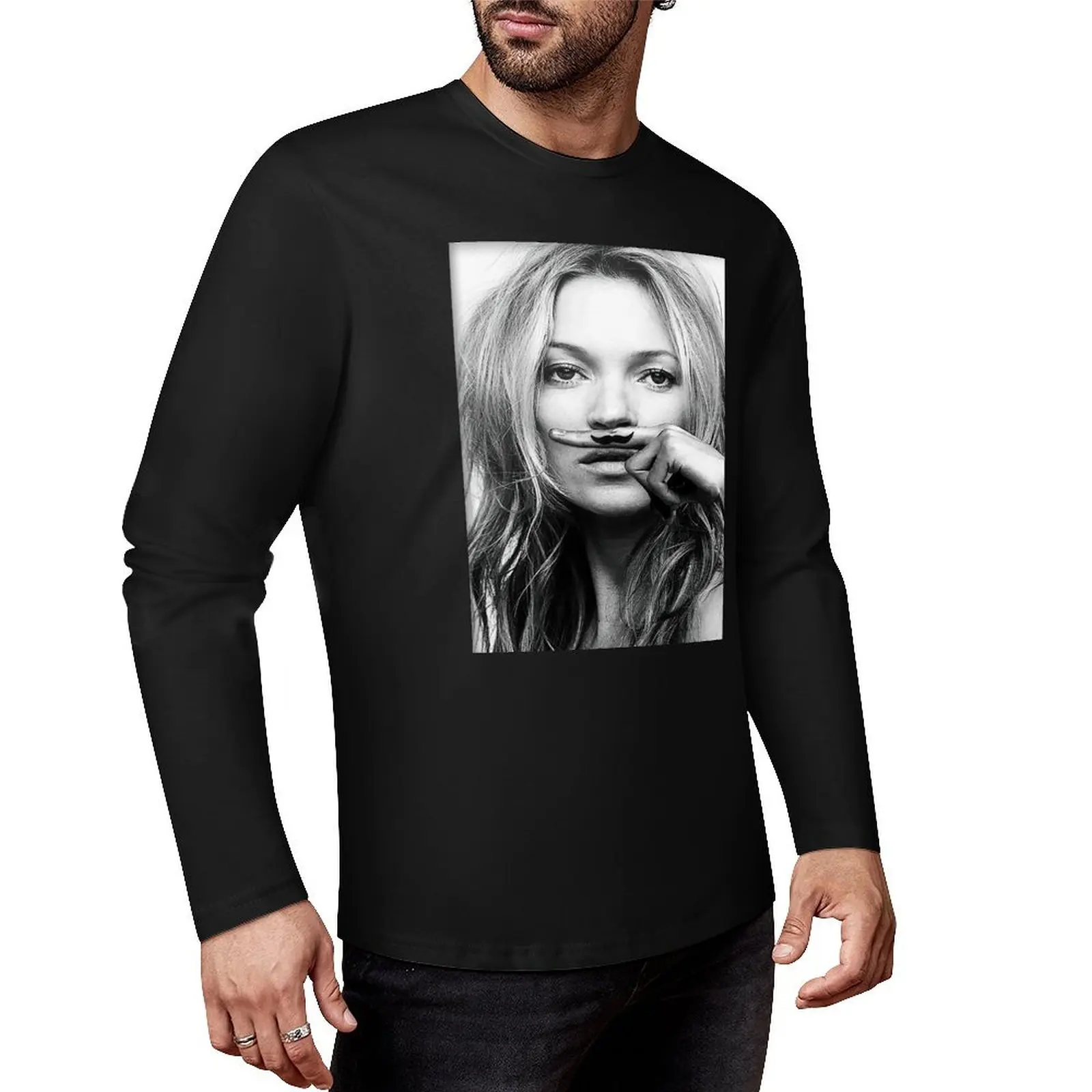 

Kate Moss, Mustache, Black and White Photograph Long T-Shirt cute tops anime tees Blouse mens tall t shirts