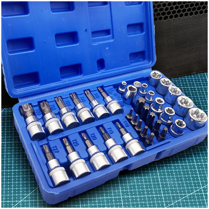 Professional 34pcs Torx Bit Socket & E-Torx Star Socket Set 1/4