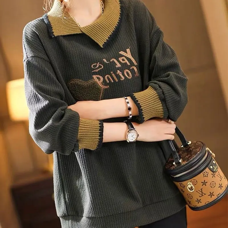 

Fashion Vintage Lapel Sweatshirts Fake Two Pieces Autumn Winter Casual Letter Embroidery Women's Clothing Korean Loose Pullovers