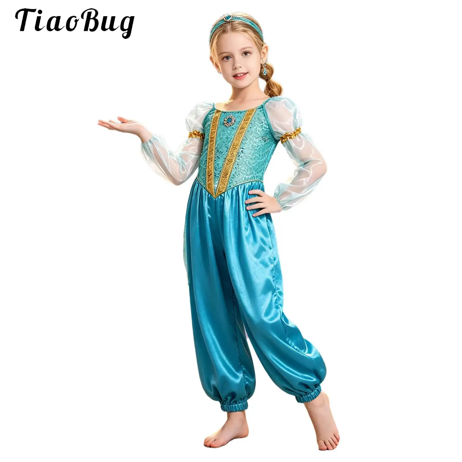 Kids Girls Arabian Princess Jumpsuit Costume Sparkly Sequin Gem Belly Dance Rompers Tulle Long Puff Sleeves Bodysuit Halloween