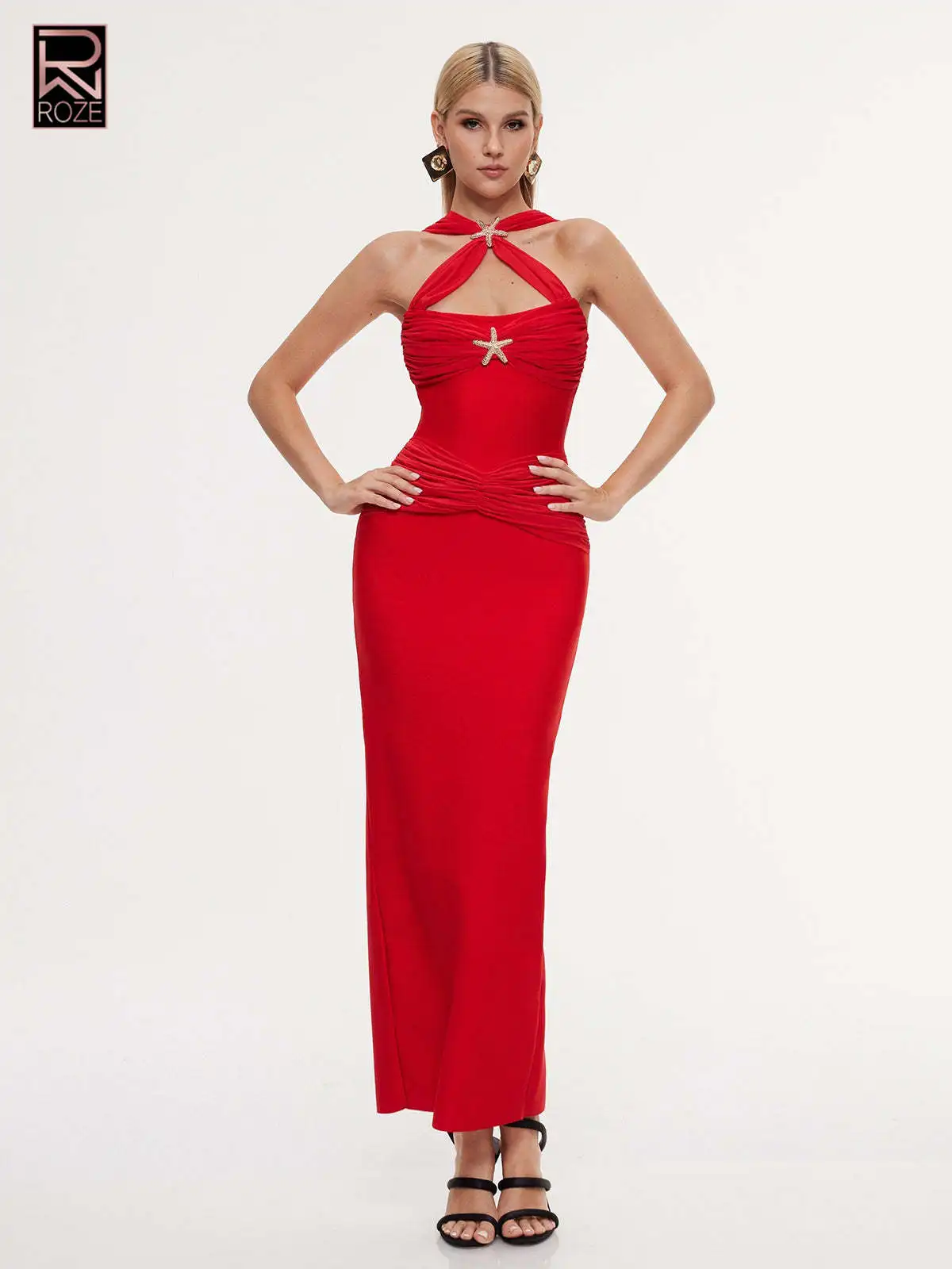 

Heavy Duty Golden Starfish Embellished Sexy Lace Sleeveless Bodycon Tight Red Bandage Dress Party Evening Gown