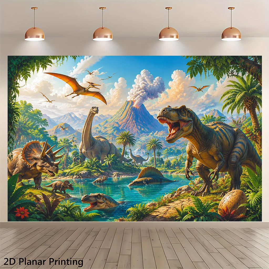 Jurassic Dinosaur Volcano Jungle Scene Tapestry 2D Flat Printing Wall Hanging Backdrop for Kids Room Party Decor Prehistoric Art