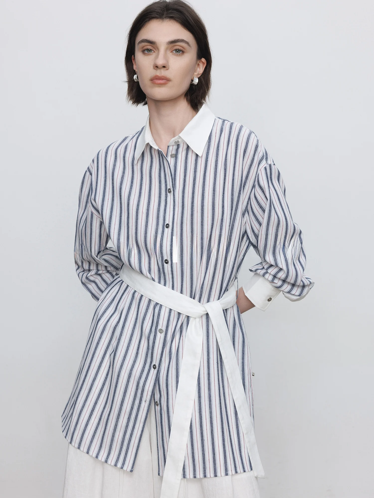 

Color Blo Striped Long Sve Women's irt Spring 2026 Casual Loose Fit Breathable Polyester Cotton Blend Button up