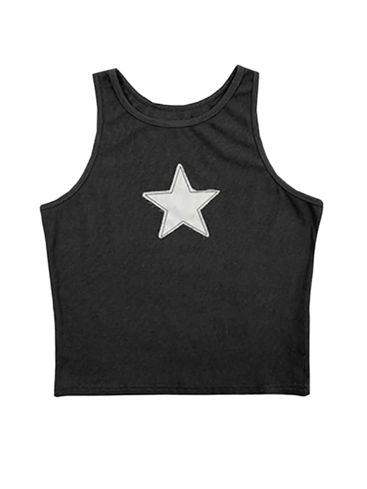 Women Y2K E-Girl Grunge Crop Tops Summer Fit Vest Star Embroidery Scoop Neck Sleeveless Casual Tank Tops for Females