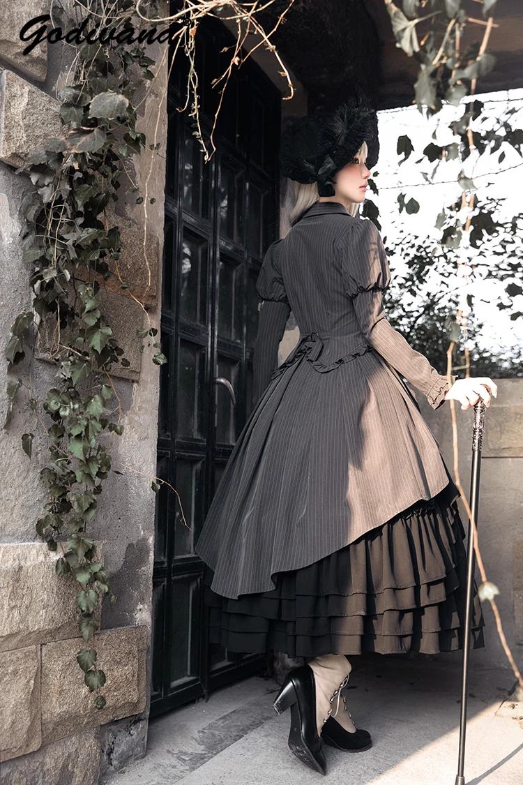 جديد الخريف القوطية المحكمة نمط المرأة الرجعية طويلة الأكمام مخطط يرتدى قميص لوليتا تنورة قطعتين مجموعة ملابس لوليتا الإناث