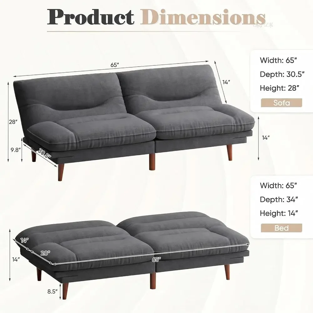 65'' uton Soa Bed, ern Convertible Loveseat uton Couch | Sleeper Soa with Adjustable Backrest & Armrests, Recliner Lounge with W - view 2