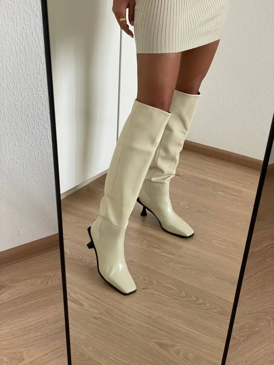 Meotina Women Genuine Leather Knee High Boots Square Toe Thin High Heels Pleated Long Boot Ladies Fashion Shoes Autumn Winter 43