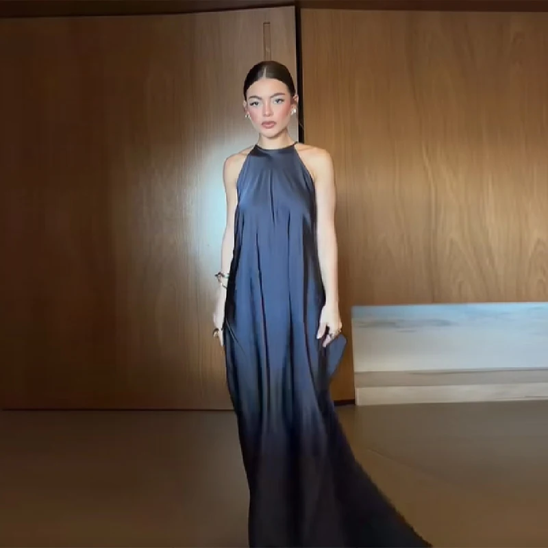 Vestido Largo Retro Chic de Satén con Cuello Halter y Pliegues para Mujer, Vestidos Maxi Vintage para Fiestas, Elegante, Femenino, Encantador, Tendencia, Ropa de Noche para Damas