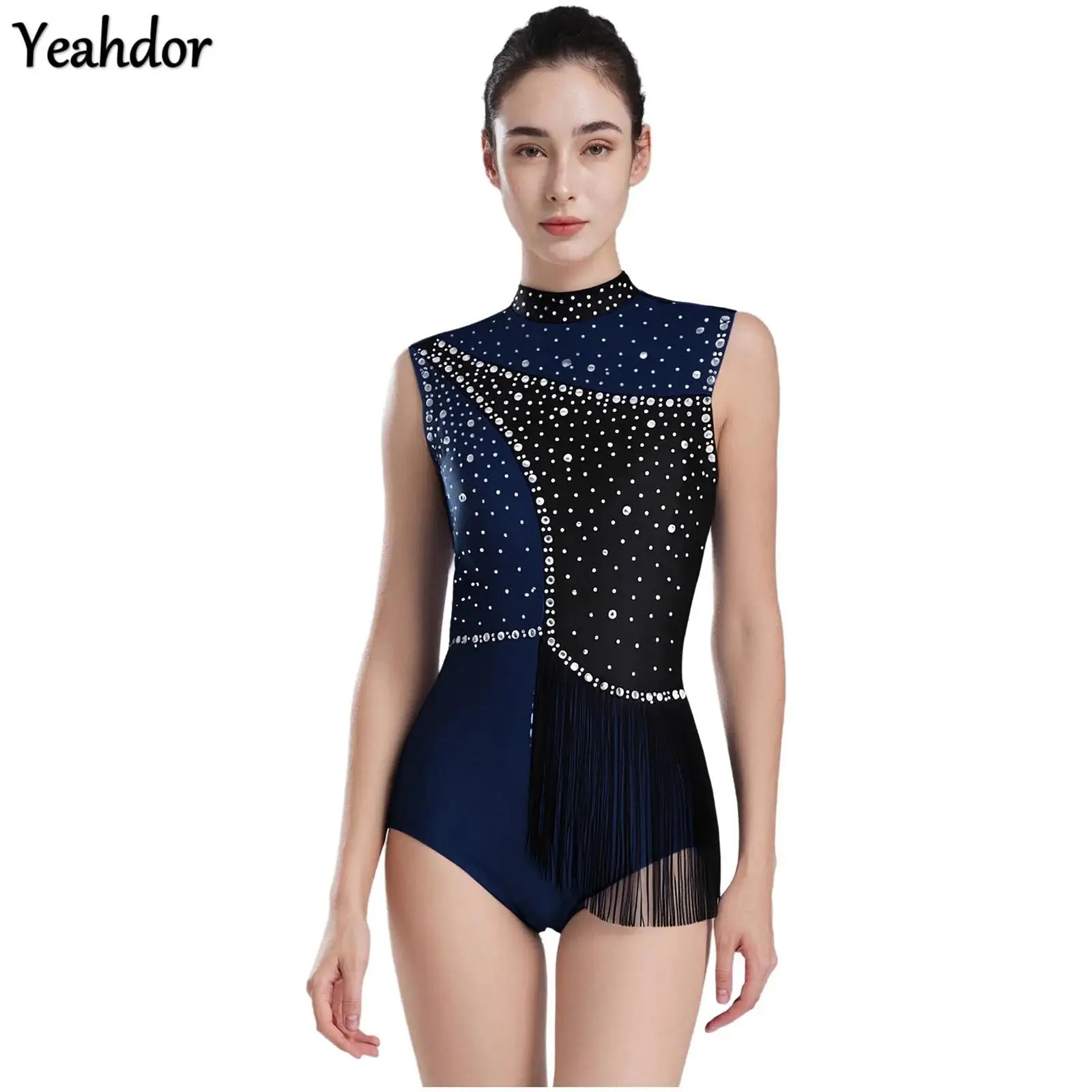 

Women Rhythmic Gymnastics Ballet Dance Bodysuit Glittery Rhinestones Tassel One-piece Leotards Jumpsuit Figure Skating Unitards