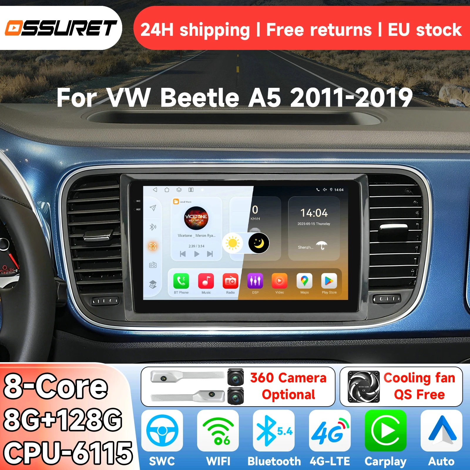 OSSURET Android14 Autoradio per Volkswagen Beetle A5 2011-2019 Sistema Intelligente Carplay Lettore Multimediale Video GPS 4G 6115