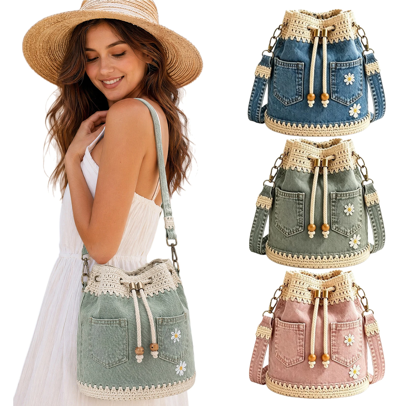 Embroidery Jeans - Bolso de Ganchillo de Mezclilla con