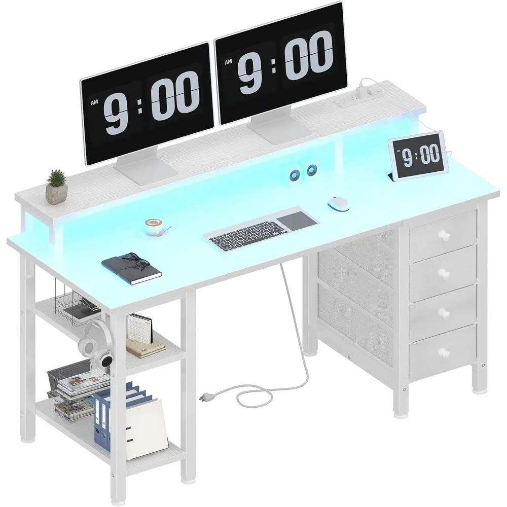 

White Desk with Monitor Stand LED Lights and Power Outlets, 47 inch Home Office Desk, Computer Gaming Desk with Fabric Drawers