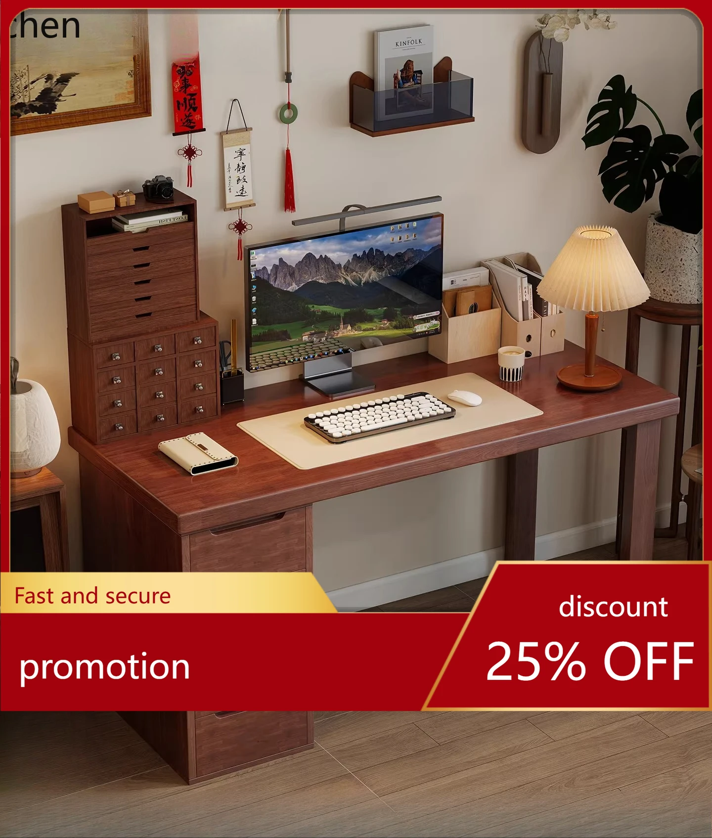 HT Vintage Style Solid Wood Desk with Chest of Drawers Home Simple Modern Computer Desk Vintage High-end Double Desk