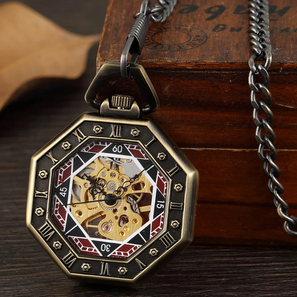 팔각형 구호 새겨진 로마 숫자 오픈 페이스 청동 남성용 기계식 주머니 시계 Fob 체인 펜던트 주머니 시계 선물 남자