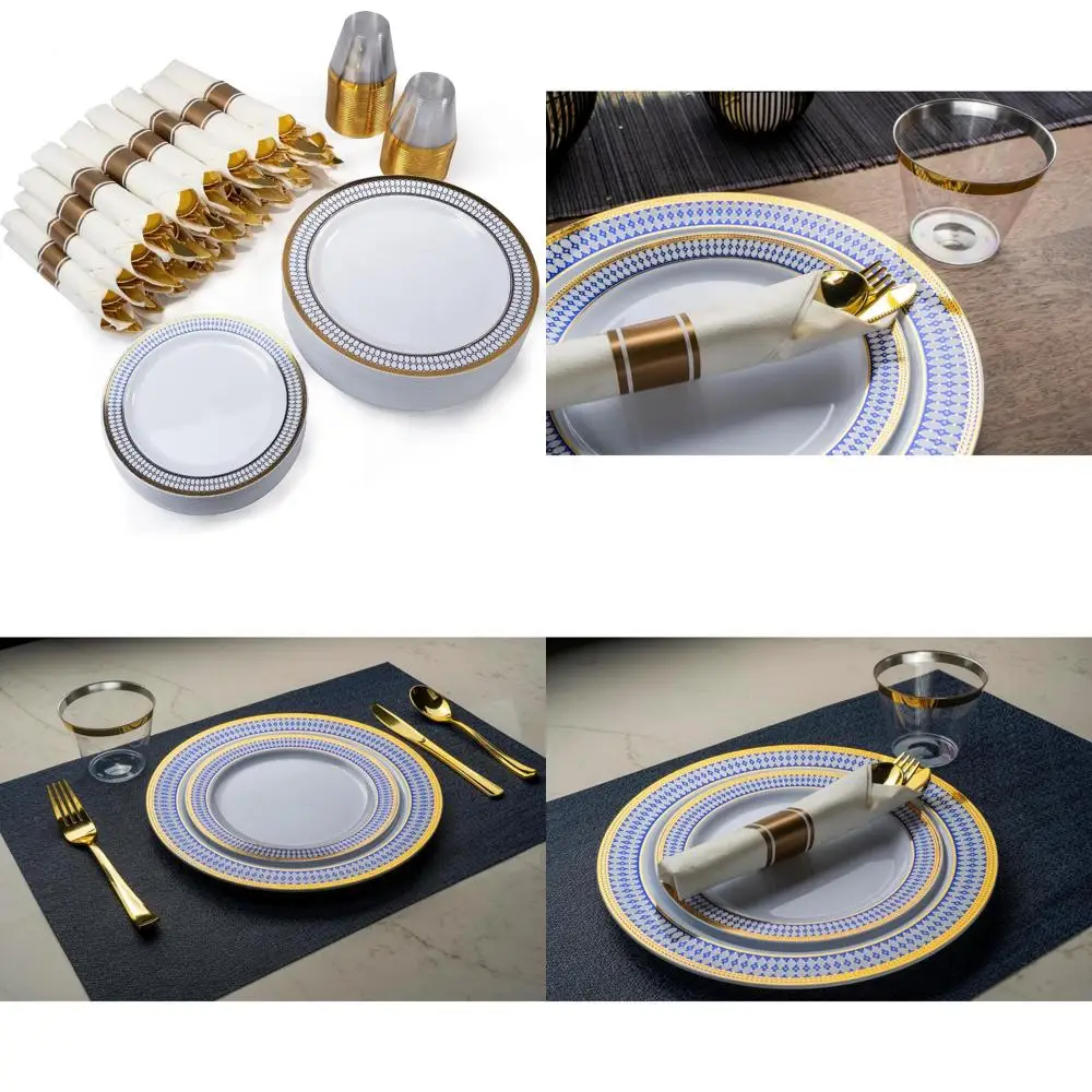 

Набор одноразовой посуды с 350 предметами синего и золотого цвета на 50 гостей, включая 50 предварительно скрученных салфеток.