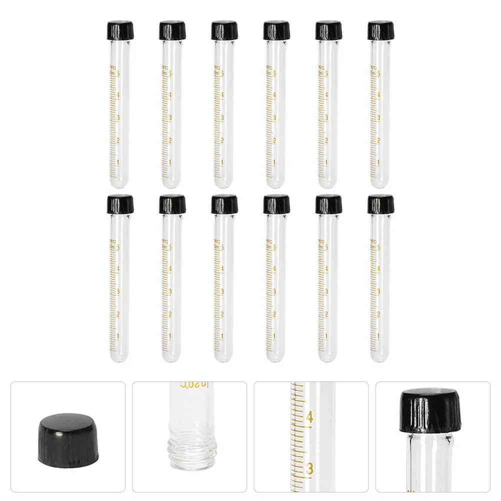 

12Pcs Glass Test Tubes Round Bottom Screw Cap Transparent Highly Chemically Resistant Smooth Wall Accurate Scale Lab Research