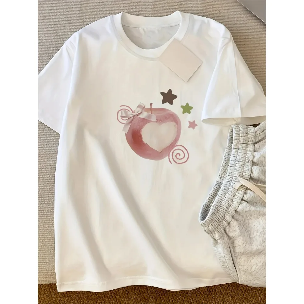 Red Apple Heart Shirt Vintage Washed Unisex Oversized Soft Streetwear Soft Cotton Short Sleeve Tee Gift Clothing Tops Hot Sale