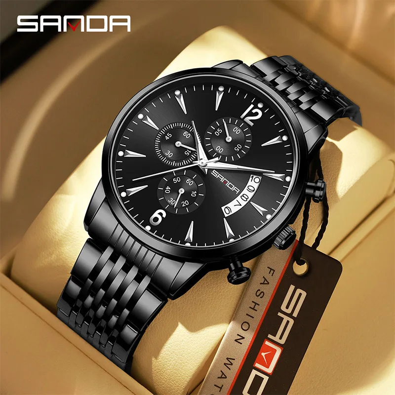 

SANDA 1165 Men's Business Quartz Watch with Three Eyes and Six Needles Calendar, Lightweight 10MM Body, Waterproof Night Light