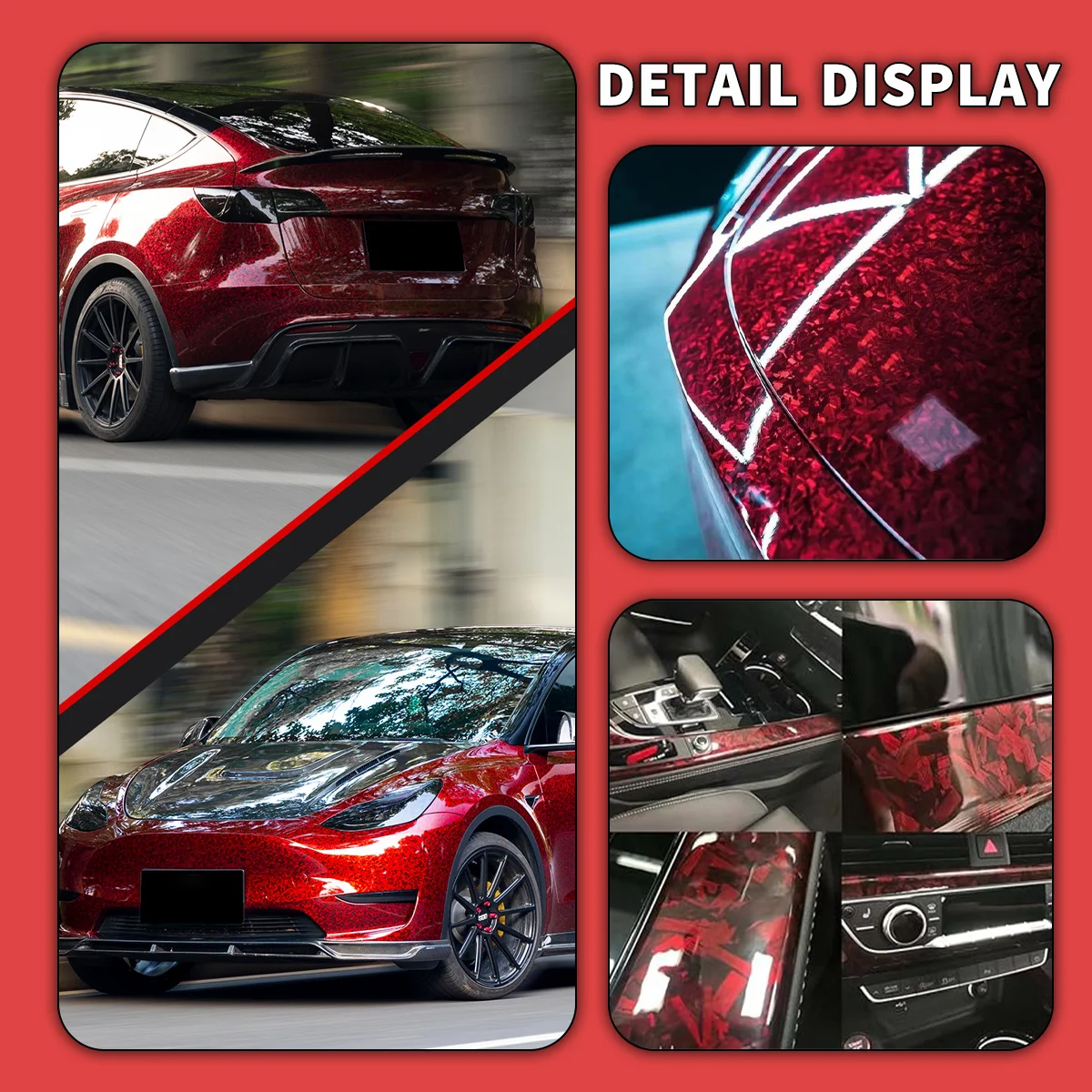 152*100cm Forged Carbon Fiber Red Vinyl Wrap High Gloss Car Hood Covers Film Accessories Wrapping Foil Car Body Stickers view 4