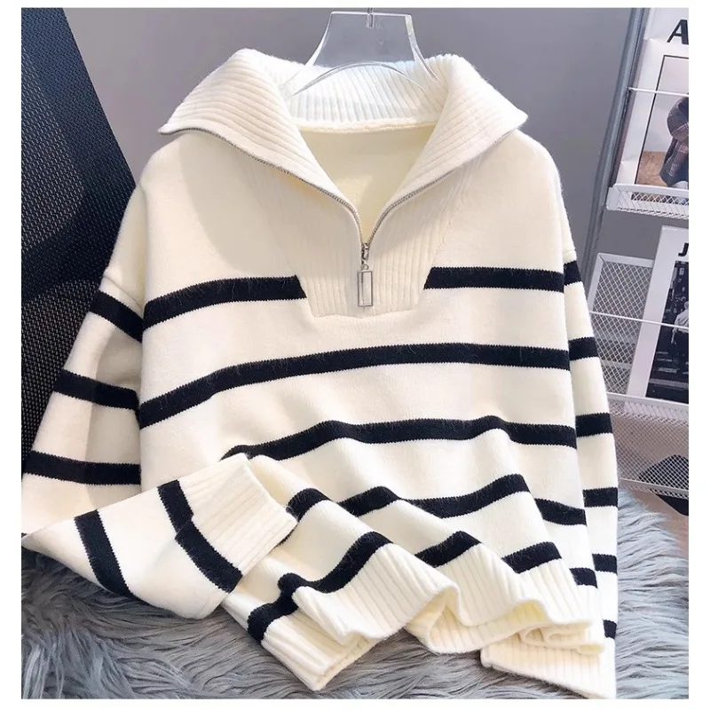 Female Pullover Knit Loose Clothing Zipper Pullovers Shirts and Blouses Long Sleeve Autumn Winter Traf Store Knitwears 2024