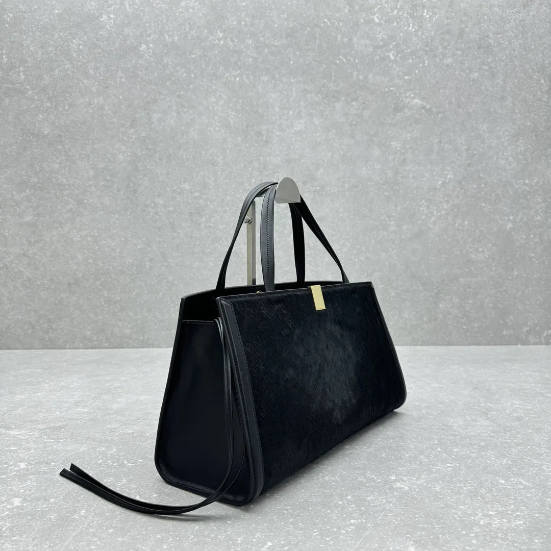 Luxury Horse Hair Real Leather Hanbag for Women Cabas Rectangle Tote Bag Black 21x40x12 cm