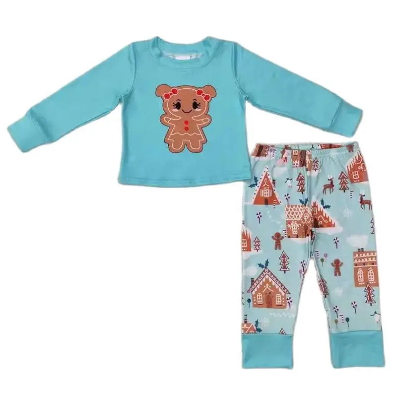 

GLP0778 Kids Girls Autumn Outfit Sets Long Sleeves Top Gingerbread Man Green Print With Trousers Children Clothes