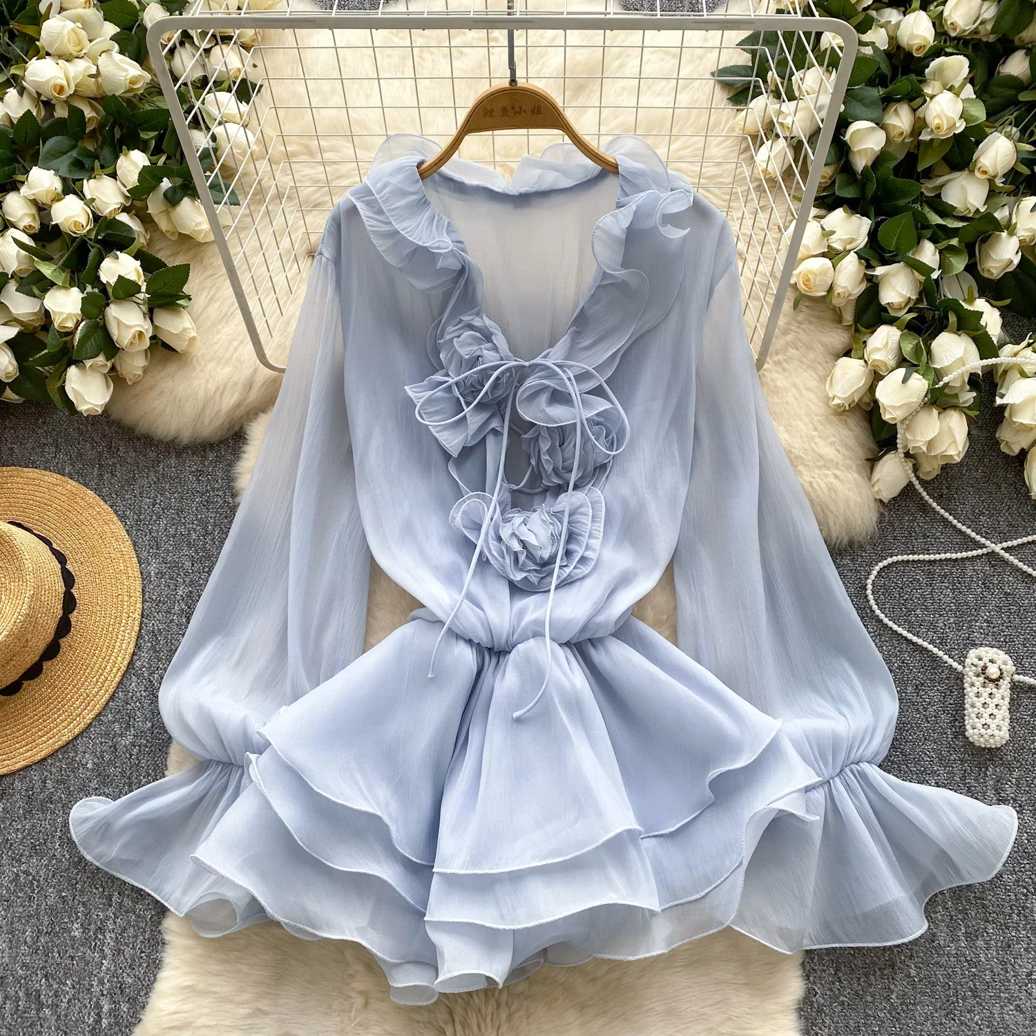 Nuovo abito corto da spiaggia floreale 3D maniche lunghe femminile con lacci volant in chiffon torta vestito estivo abito bohemien vintage sexy trasparente