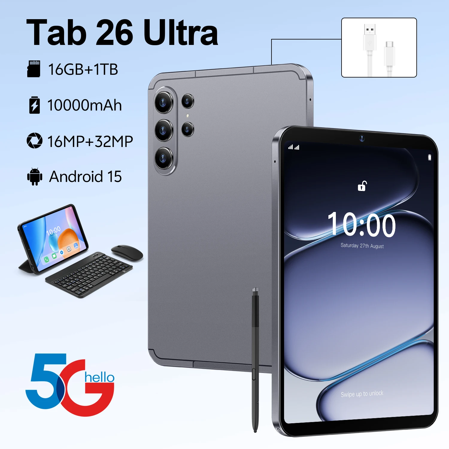 

Новый планшет 2026 Global Original Tab 26 Ultra, Snapdragon 8 Gen3, 10.1 дюйма, Android 15, 16 ГБ+1 ТБ, 10000 мАч, 5G, две SIM-карты, Wi-Fi, GPS