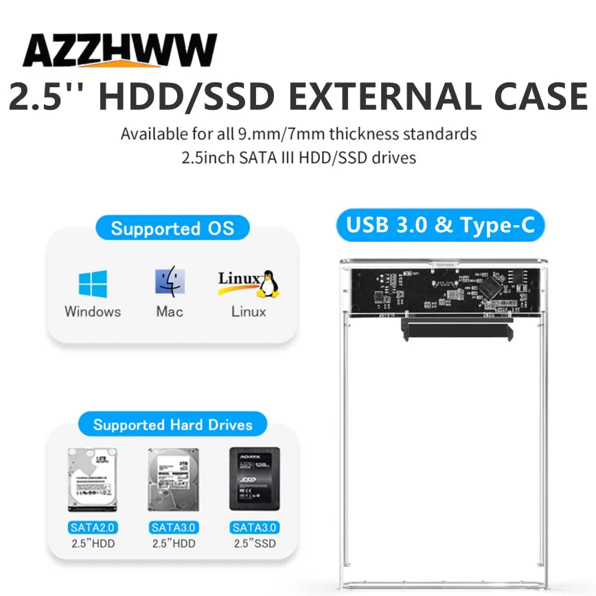 

2.5 Inch HDD SSD EXTERNAL CASE SATA to USB 3.0 Tool Free Clear External Hard Drive Enclosure Optimized Supports UASP SATA III