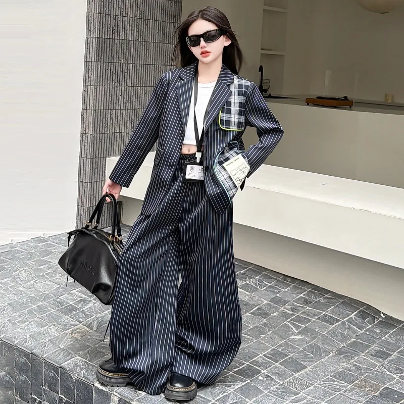 2026 Girls Spring Suit Korean Casual Kusa Children's Catwalk Clothes Striped Splicing Blazer Wide-leg Pants Two-piece Set