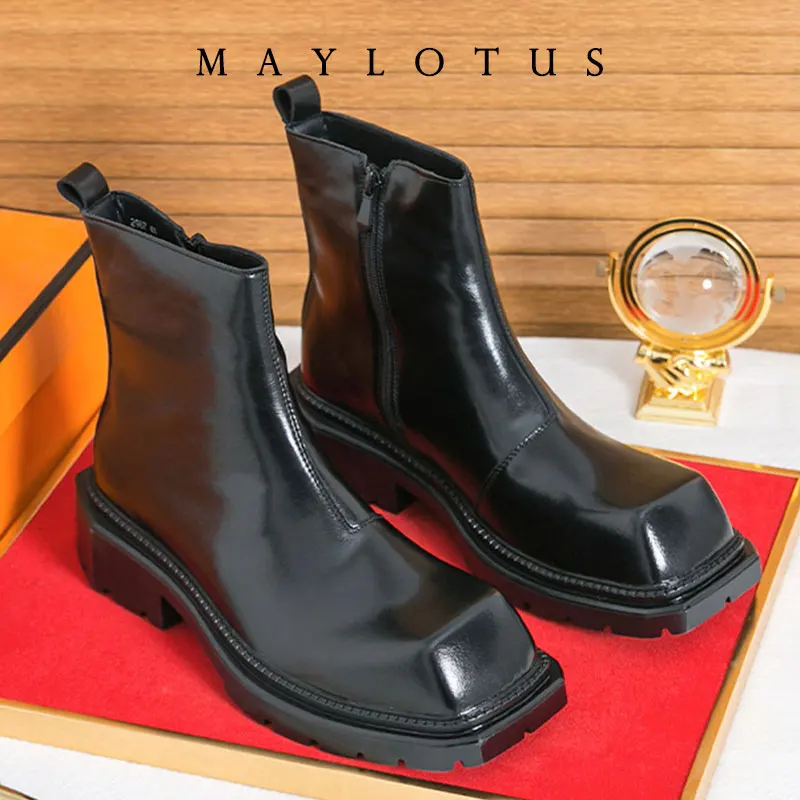 New Large Square Toe Thick Sole Chelsea Boots Genuine Leather Women/men Style Black Slip On Platform Fashion Mid-Calf Boots